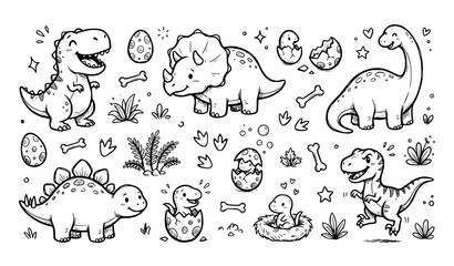 Cute Dinosaur Doodle Set, Hand Drawn Cartoon Prehistoric Animal Illustrations © MstBithi
