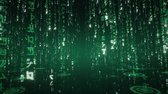green digital matrix code rain streaming down through glowing glyph symbols in seamless loop 4k