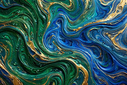 Abstract fluid acrylic marble texture with emerald green, cobalt blue, and metallic gold veins
