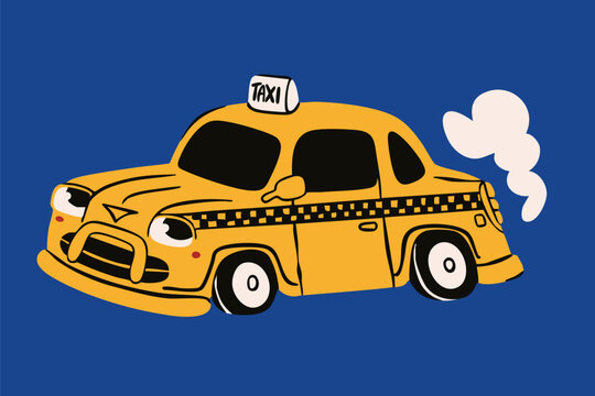 Yellow taxi Car. Cartoon vehicle with eyes. Cute funny character. Retro comic style. Hand drawn trendy Vector illustration. Isolated design element. Cool sticker, logo, print, poster template
