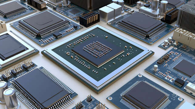 Advanced computing hardware processor circuit board semiconductor microchip microprocessor electronic component metallic blue silver showing