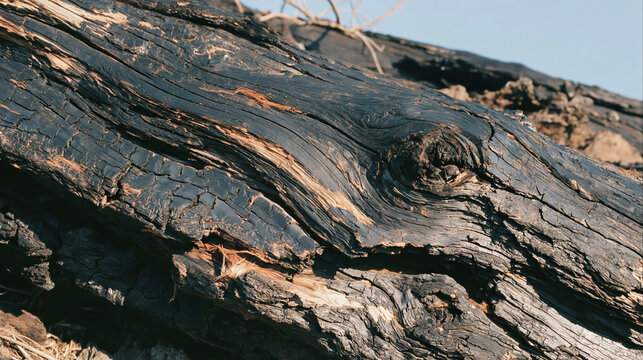 Charred wood burned timber blackened bark weathered texture fire damage cracked surface tree trunk rugged grain, revealing scorched layers