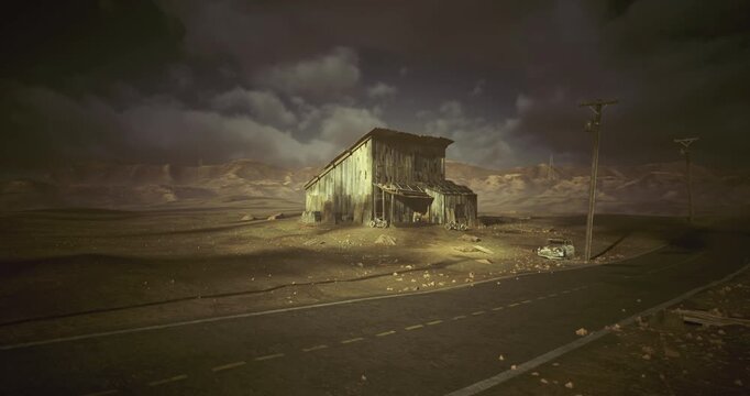 Silent isolated outpost beneath clouds, Lonely station hidden in stormy weather, Dingy distant station under ominous skies and swirling dust