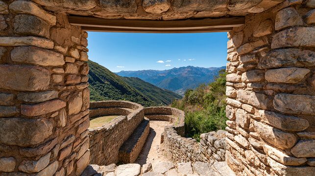 Historic mountain settlement stone doorway ancient wall mountain view stone path preserved ruin blue sky mountain village inviting landscape