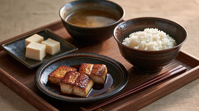 Minimalist Japanese inspired meal with steamed rice, miso soup, tofu, and grilled fish served in dark ceramic bowls on wooden tray