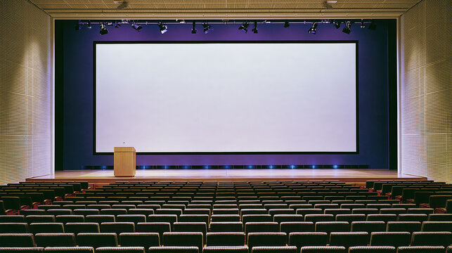 Modern auditorium with empty seat row facing blank projection screen and wooden podium, illuminated for presentation