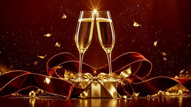 Two elegant champagne glasses clinking in a festive toast above a golden gift box with luxurious red velvet ribbons, sparkling gold confetti and glitter on a dark red background