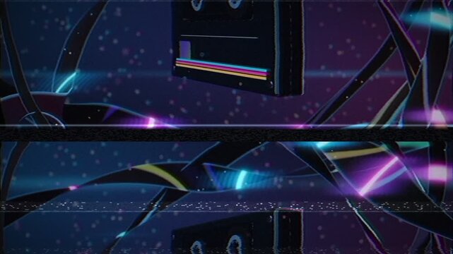 3D VHS cassette tape with flowing magnetic tape ribbons VHS glitch effect and tracking lines 4K seamless loop