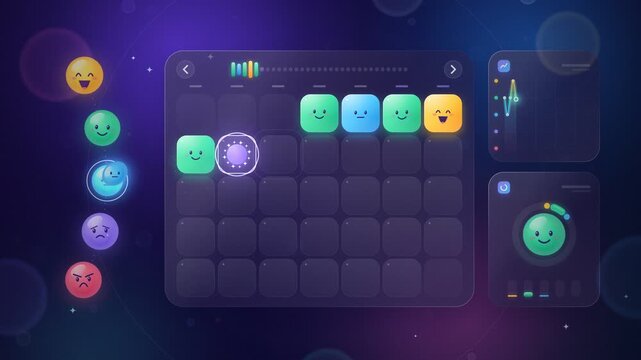 Mood tracker calendar animation colorful mood faces fill monthly calendar days with trend chart