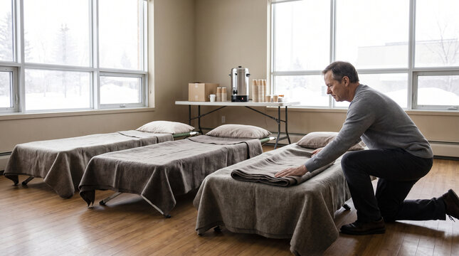 Volunteer setting up cots with blankets in a community warming center during a winter storm, emergency shelter preparation