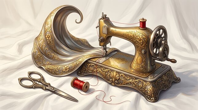 Vintage golden sewing machine with intricate floral patterns, elegant flowing fabric, scissors, and red thread on white silk background