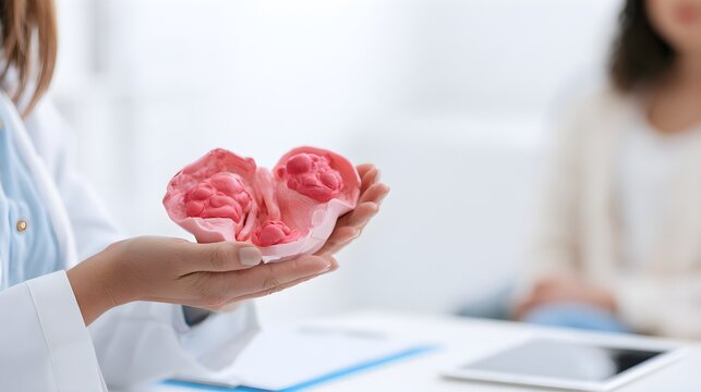 Clinician holding brain model explaining to patient