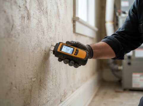 wall moisture meter inspection closeup Person using a handheld moisture meter to check wall dampness indoors
