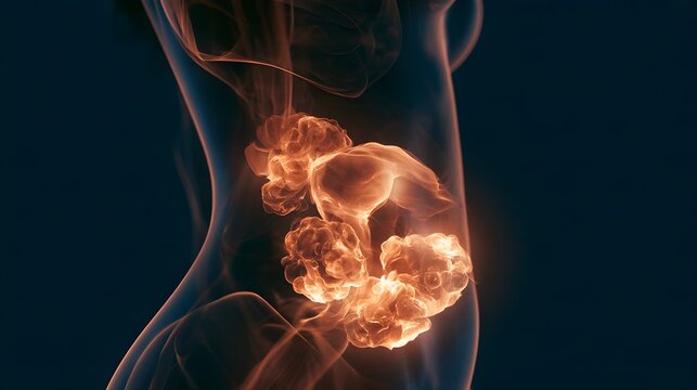 Woman's torso with glowing tumor