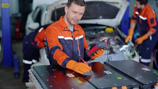Smiling mechanic finishes probing battery modules with a red multimeter as a bearded colleague in orange gloves walks from the open car hood toward the camera behind him