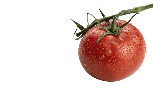 Fresh ripe red garden tomato covered with water drops on green stem isolated on transparent background.