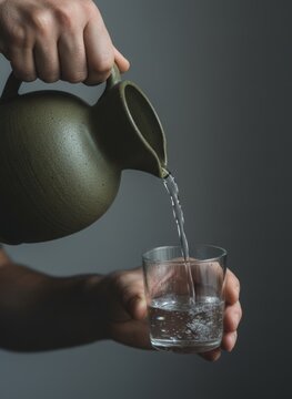 Pouring fresh water from an olive green ceramic pitcher into a clear glass