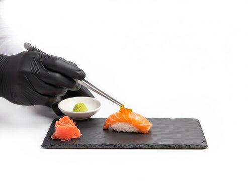 Chef placing salmon roe ikura on salmon nigiri sushi with tweezers on black slate plate