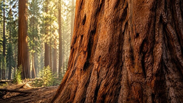 Close-up of a massive sequoia trunk with rich bark texture, sunlit forest and towering trees in the background
