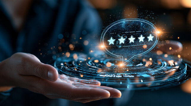 Analyst hands holding a glowing feedback speech bubble icon manager reviewing customer experience ratings and client satisfaction data on a futuristic virtual screen interface