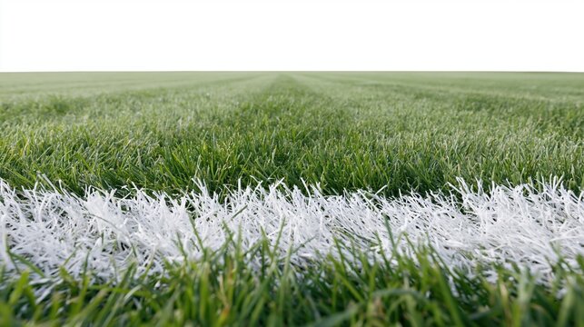 Close-up ground-level view of a football pitch with white boundary line on green grass