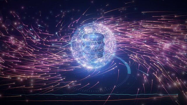 Cyber security DDoS attack visualization showing server traffic flood and defense shield in 4K