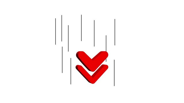Animated red 3D downward arrow with falling black lines on a clean white background, representing decline, download, reduction, downward movement, and negative trends.