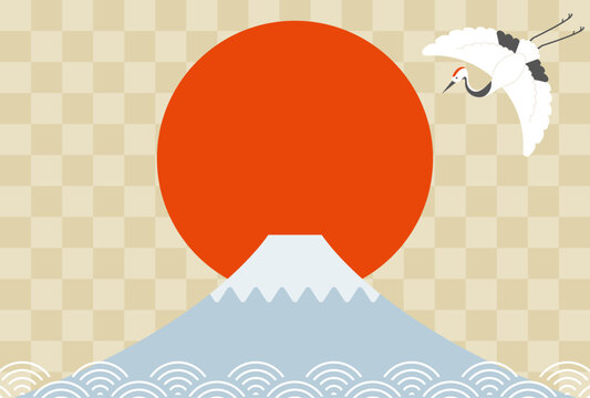 2027年　お正月　鶴　初日の出と富士山　年賀状	
