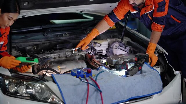 Asian female technician holds a green diagnostic scanner while a bearded mechanic tightens a bolt in the open engine bay of a white car with gauges and a work light on the fender