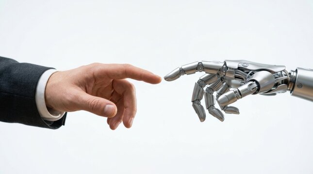 A human hand extends to meet a metallic robotic hand representing the increasing relationship between people and advanced artificial intelligence technology