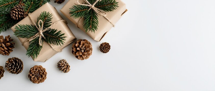 Two kraft paper gift boxes decorated with pine sprigs and pinecones on white surface