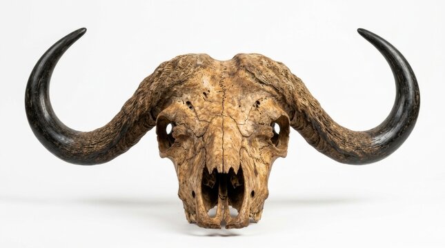 A highly detailed portrait showcases a majestic bison skull with impressively large and gracefully curved horns set against a clean white backdrop