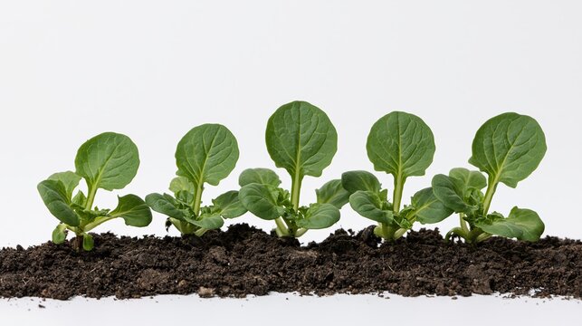 Five seedlings in sequential growth stages arranged in a row on soil against white background