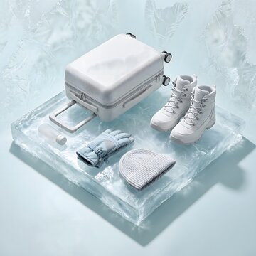 White winter luggage set with boots gloves hat on frosted ice block