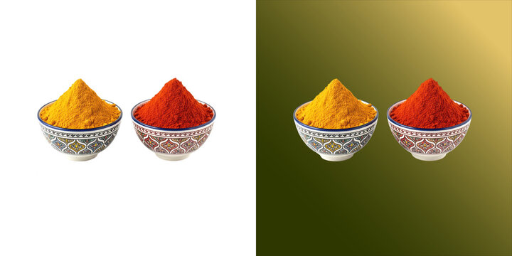 Two decorative bowls filled with mounds of vibrant yellow turmeric and red chili powder, isolated on a white background, spice