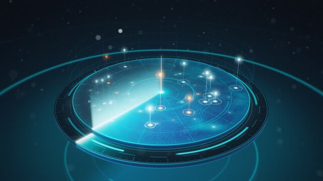 radar screen rotating beam sweeping 3d holographic scope with glowing target blips cinematic seamless loop
