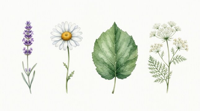 Watercolor botanical illustration featuring lavender daisy single leaf and delicate baby's breath flowers on a white background
