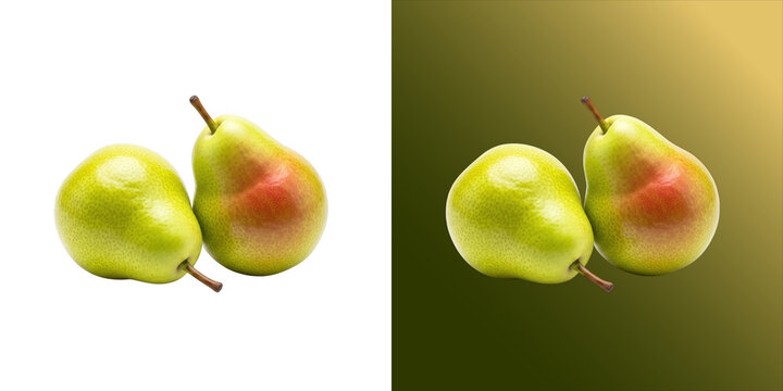 Two fresh green pears with a slight red blush, isolated on a white background, for healthy food, nutrition, and fruit concepts