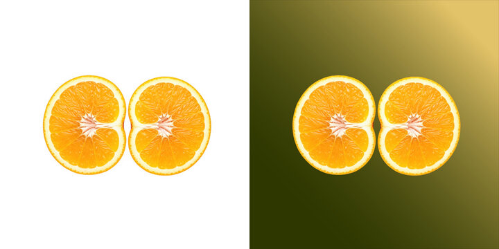 Two fresh orange slices arranged side by side, showcasing vibrant citrus texture, juicy pulp, and bright orange rind on a white background