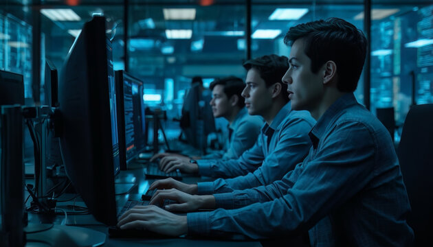 Software developers work side by side at computer stations in a blue-lit office, representing coding, technical collaboration, digital skills, and modern technology teams