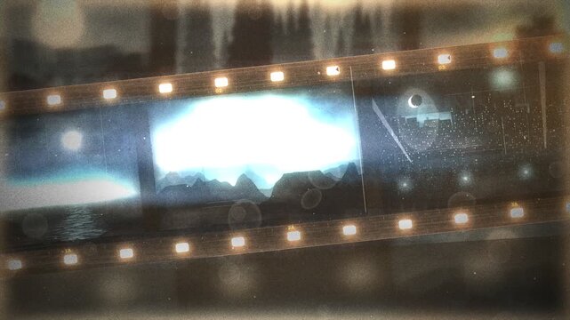 Old film scratches and flicker cinematic 35mm film strip zoom with dust light leaks projector flicker