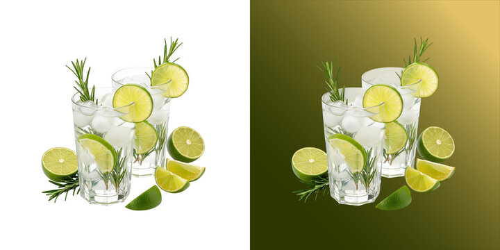 Two glasses of refreshing lime cocktail with ice cubes, rosemary sprigs, and sliced limes, isolated on a white background, 3d rendered drink