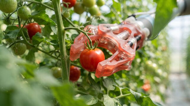 Robotic manipulator arm using pink soft gripper to pluck ripe red tomato in greenhouse farm
