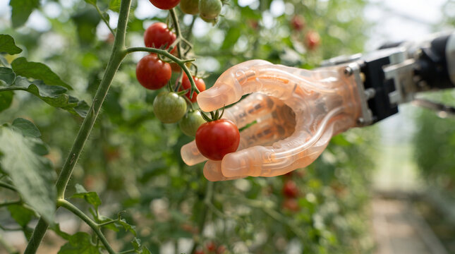 Robotic manipulator arm picking red cherry tomato in high tech greenhouse automated farm