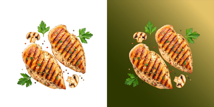 Two grilled chicken breast fillets garnished with fresh green parsley and sliced mushrooms, isolated on a white background, for culinary themes