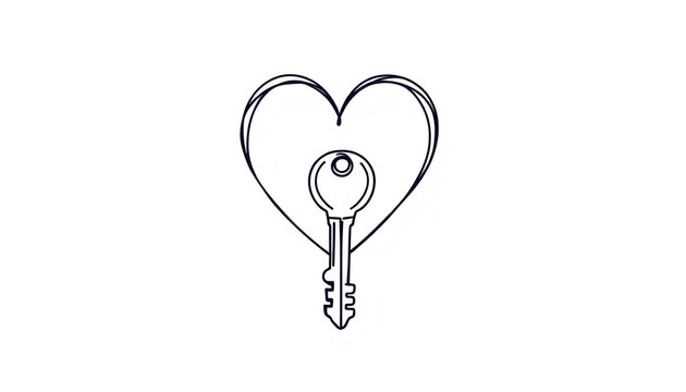 Heart with Key Line Art Illustration, Minimalist Design Symbolizing Love and Security, Simple Hand-Drawn Sketch for Romantic or Safety Concept