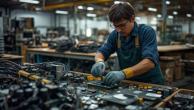 Technician in protective gloves repairs a complex circuit board among tangled cables, emphasizing precision electronics servicing, diagnostics, and skilled industrial work.