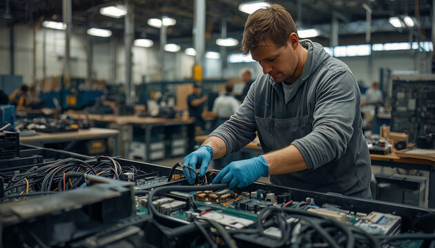 Electronics technician uses blue gloves to inspect and repair circuit boards, highlighting precision maintenance, technical service, and computer hardware diagnostics.