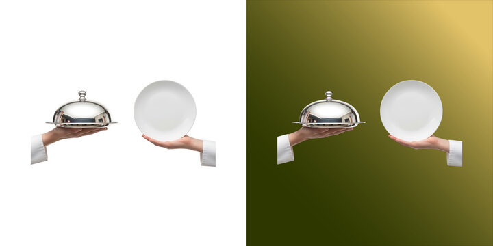 Two hands holding a silver serving cloche and a white empty plate, isolated on a white background, realistic 3d render of restaurant service