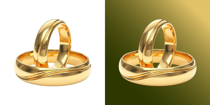 Two interlocking gold wedding rings with a smooth, polished surface, isolated on a white background, symbolizing love, marriage, and commitment